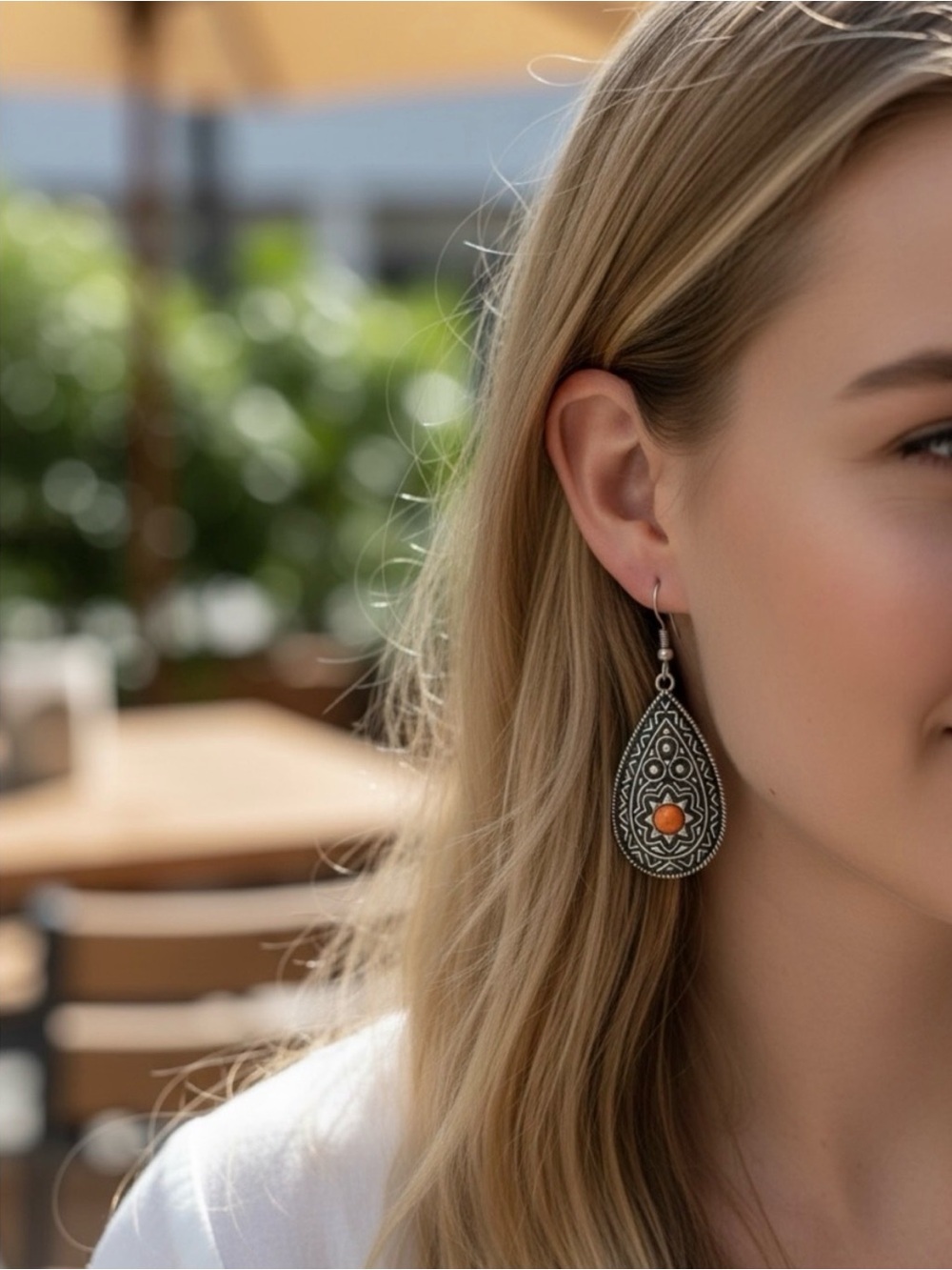 Silver Teardrop Earrings with Orange Accent